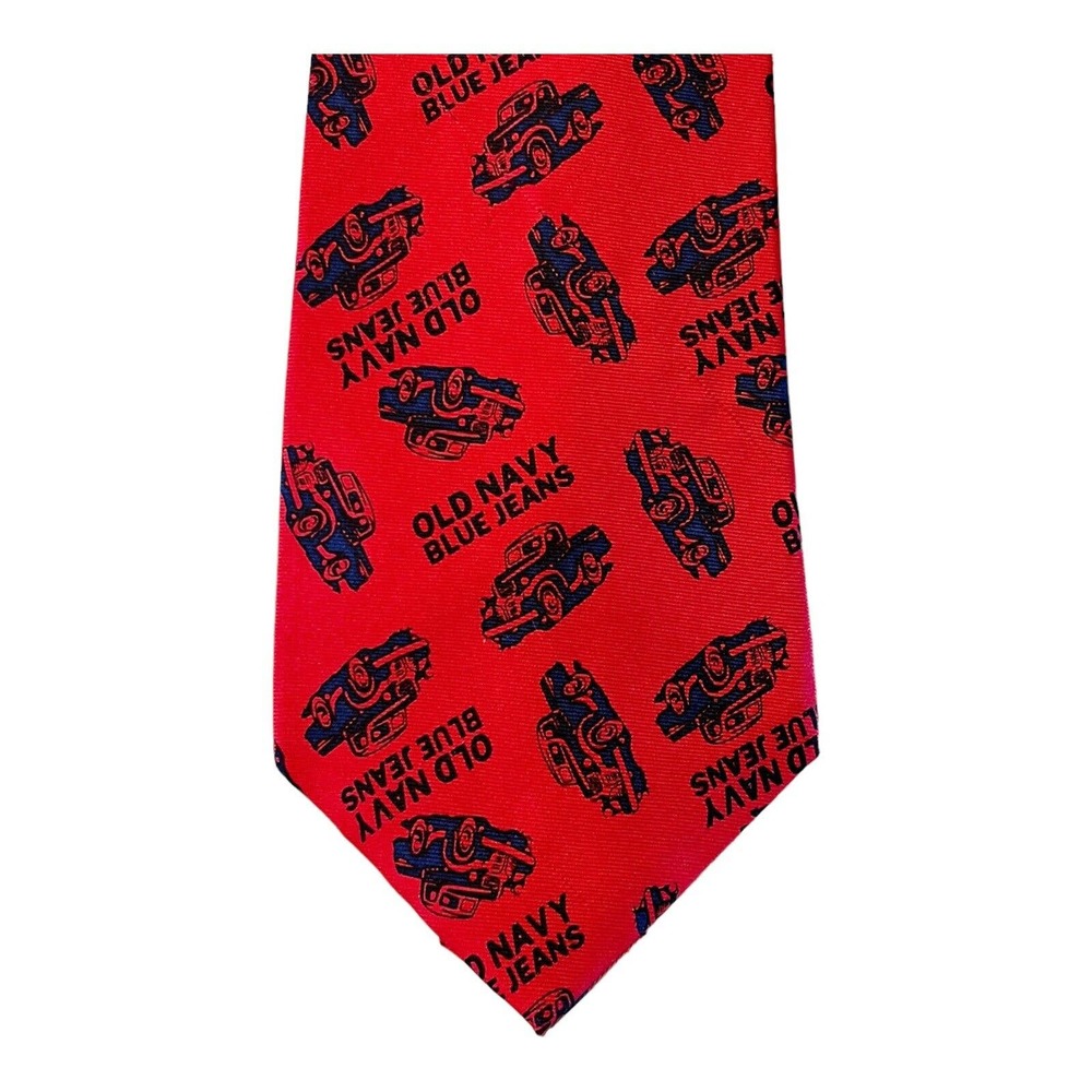Old Navy Kids Necktie Red 100% Silk Novelty Tie Blue Jeans Trucks Made in USA